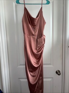 Rose Dusty Satin Cowl Maxi Dress with Draped Skirt